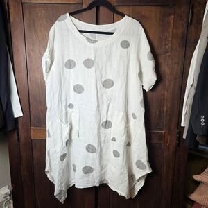 VASNA Dress Womens 1X White Linen Polka Dot Swing Pockets Roll Tab Italy Boho
